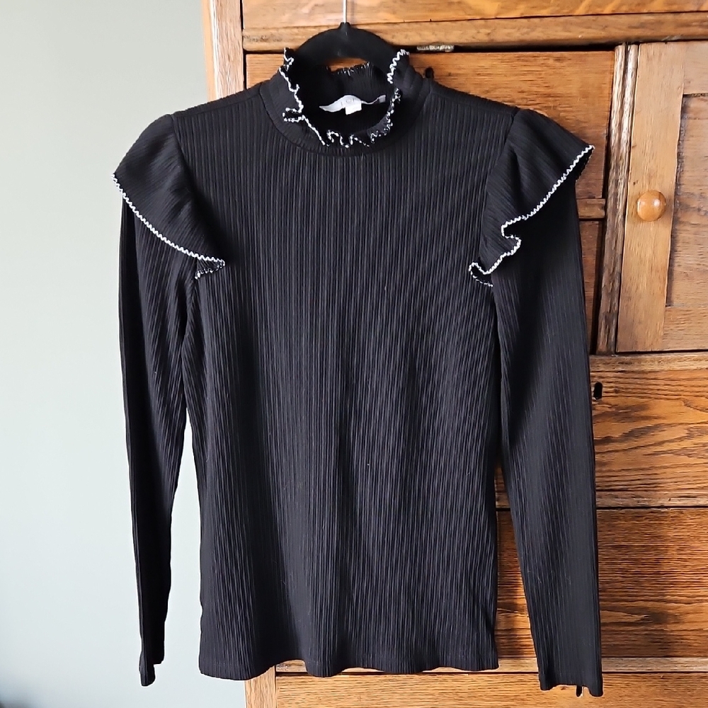 🥂 LOFT Elegant Black Ruffled Women's Top Long Sleeve Size L Ribbed Lightweight